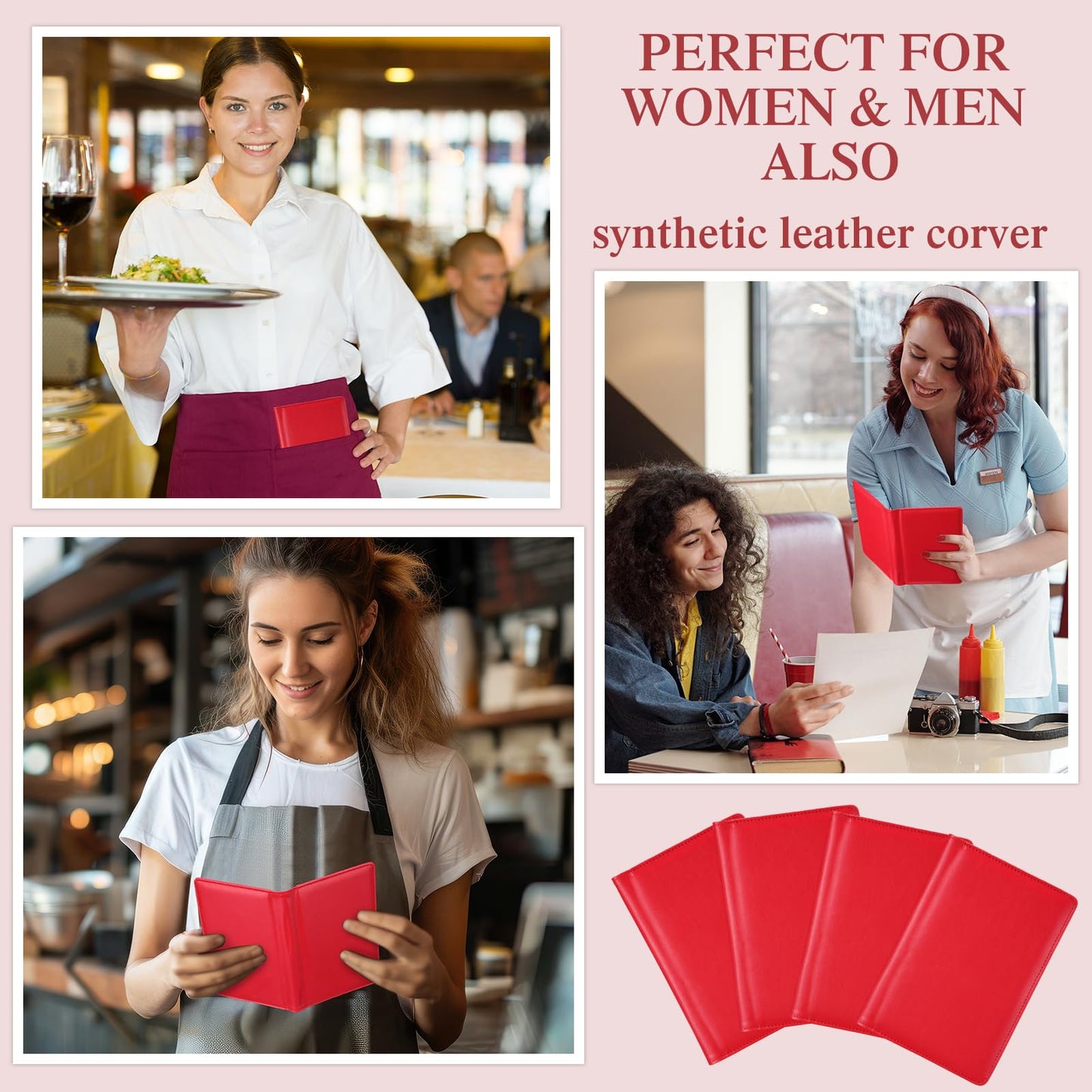 Containlol 6 Pcs Waitress Server Books Guest Book Pad Leather Money Organizer Wallet Organizer Waiter Cash Check Bill Receipt Holder with Pocket for Waitstaff Fit Apron(Red Style)