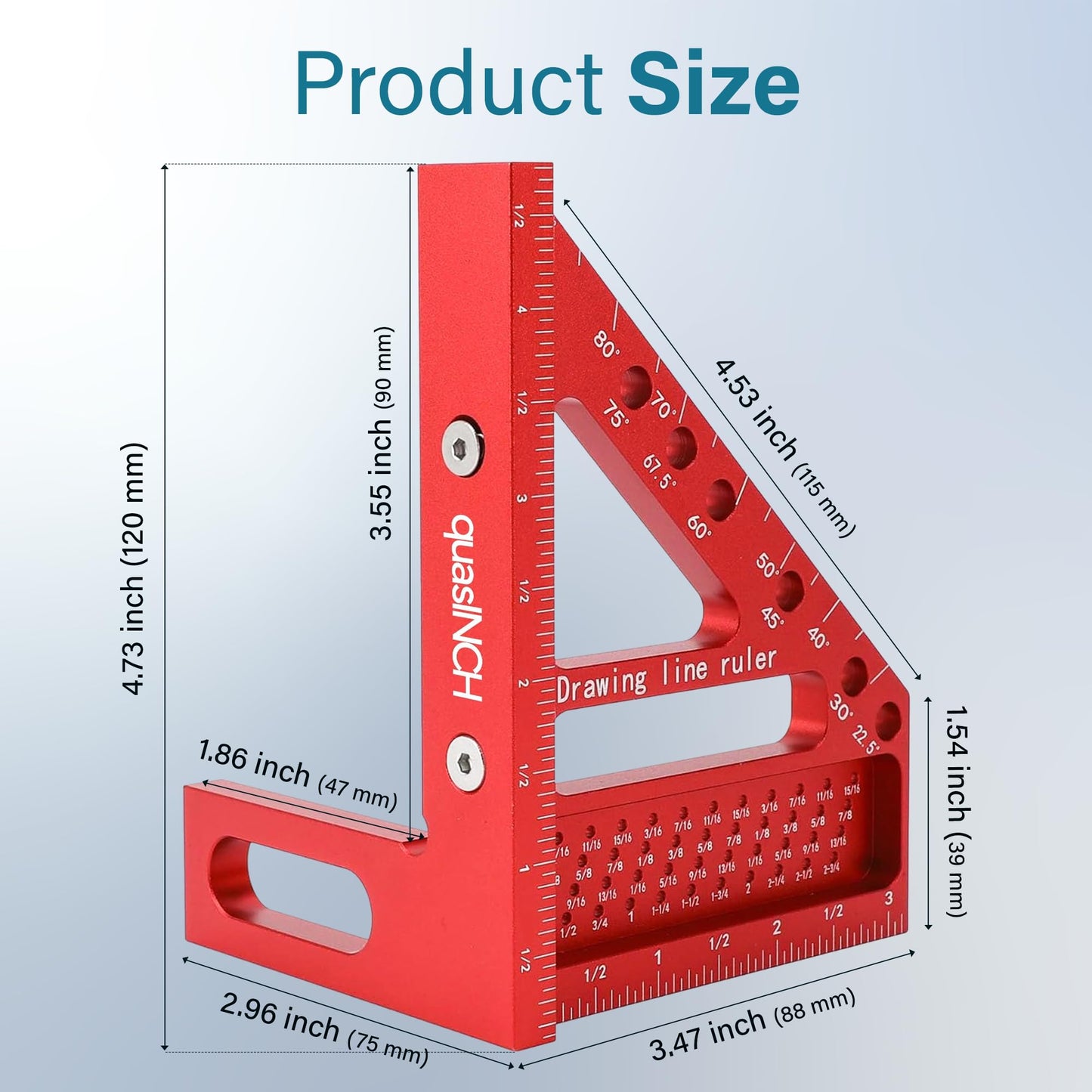4.7＂Mini 3D Multi-Angle Measuring Square Ruler, QWTR1 High Precision Hole Scribing Woodworking Tools, 22.5°-90° Aluminum Alloy Carpenter Square with Angle Pin, Carpenter Pencil with Sharpener 6 Leads