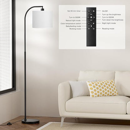 Arc Floor Lamp with Remote and Stepless Dimmable Bulb, Colors Temperature & Brightness Adjustable, Floor Lamps for Living Room（White Shade & Black Pole）