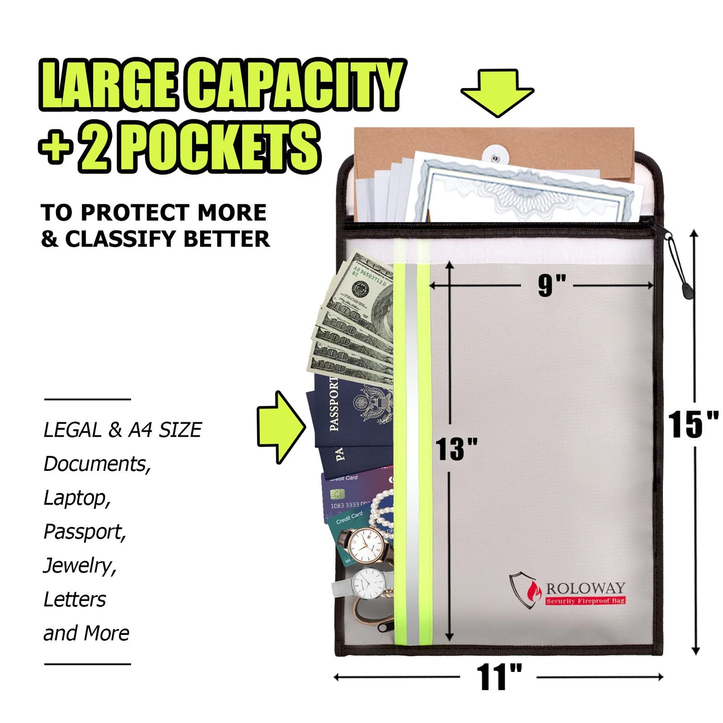 ROLOWAY Fireproof Document Bag (15 x 11 inch) with 2 Pockets, Fire Safe Envelope Bag for Cash, Legal Documents (Silver)