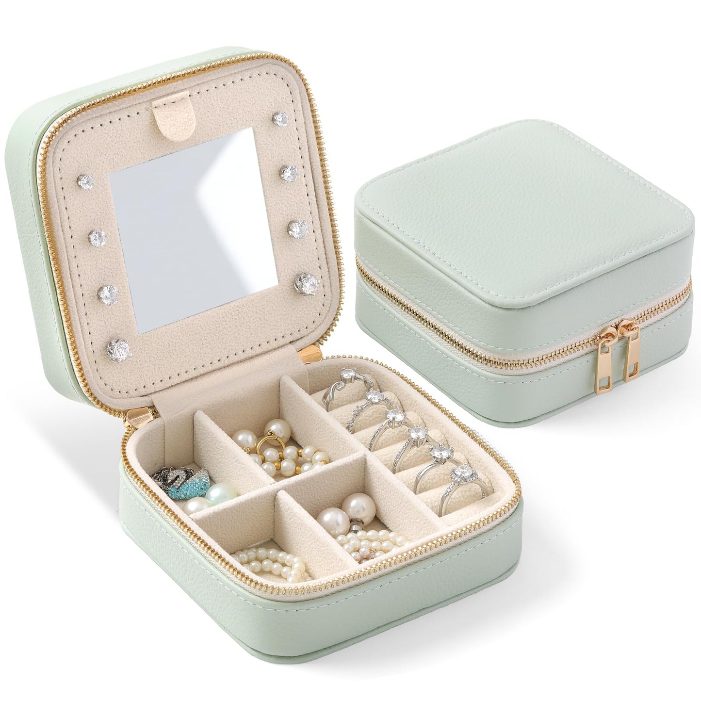 NGVRC Genuine Leather Travel Jewelry Organizer Case with Mirror for Women, Small Mini Portable Jewelry Box for Ring Earrings Necklace Bracelet Luxury Gift for Women（Mint Green）
