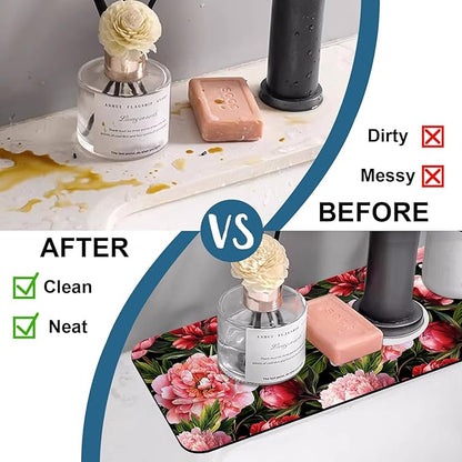 Blooming Peony Kitchen Sink Splash Guard Faucet Mat Pink Peony Flowers Super