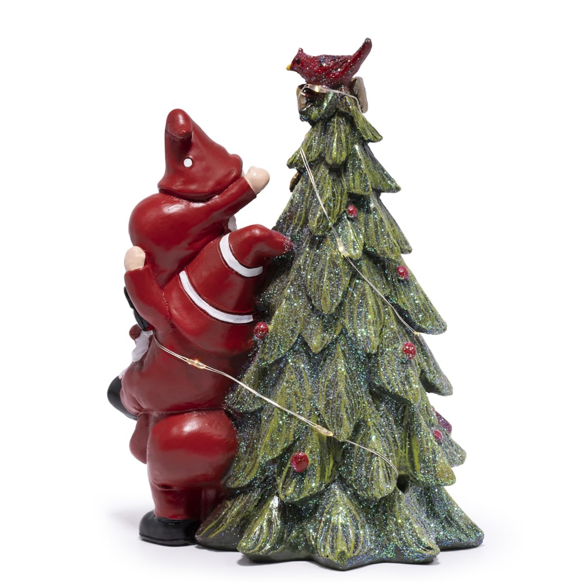 Hodao Christmas Tree Figurine Decorations — Lighted Hand-Painted Resin Gnomes Climbing with Cardinal, Tabletop Decor for Family or Friends | Mantel, Shelf, Living Room Display
