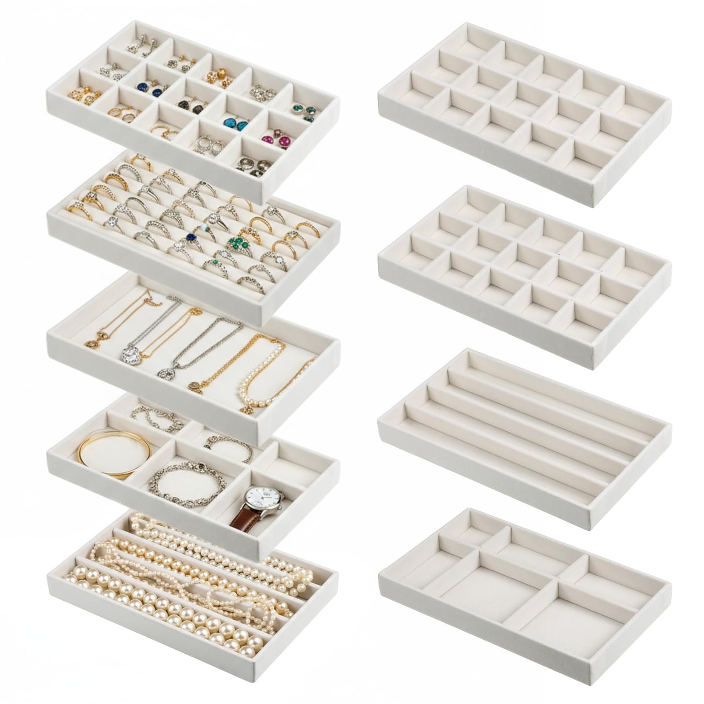 Exclaith 9 Set Velvet Jewelry Drawer Organizer Inserts, Stackable Jewelry Organizer Trays with Removable Dividers, Jewelrys Storage Display Tray, for Earring Ring Necklace Watch Bracelet, Beige