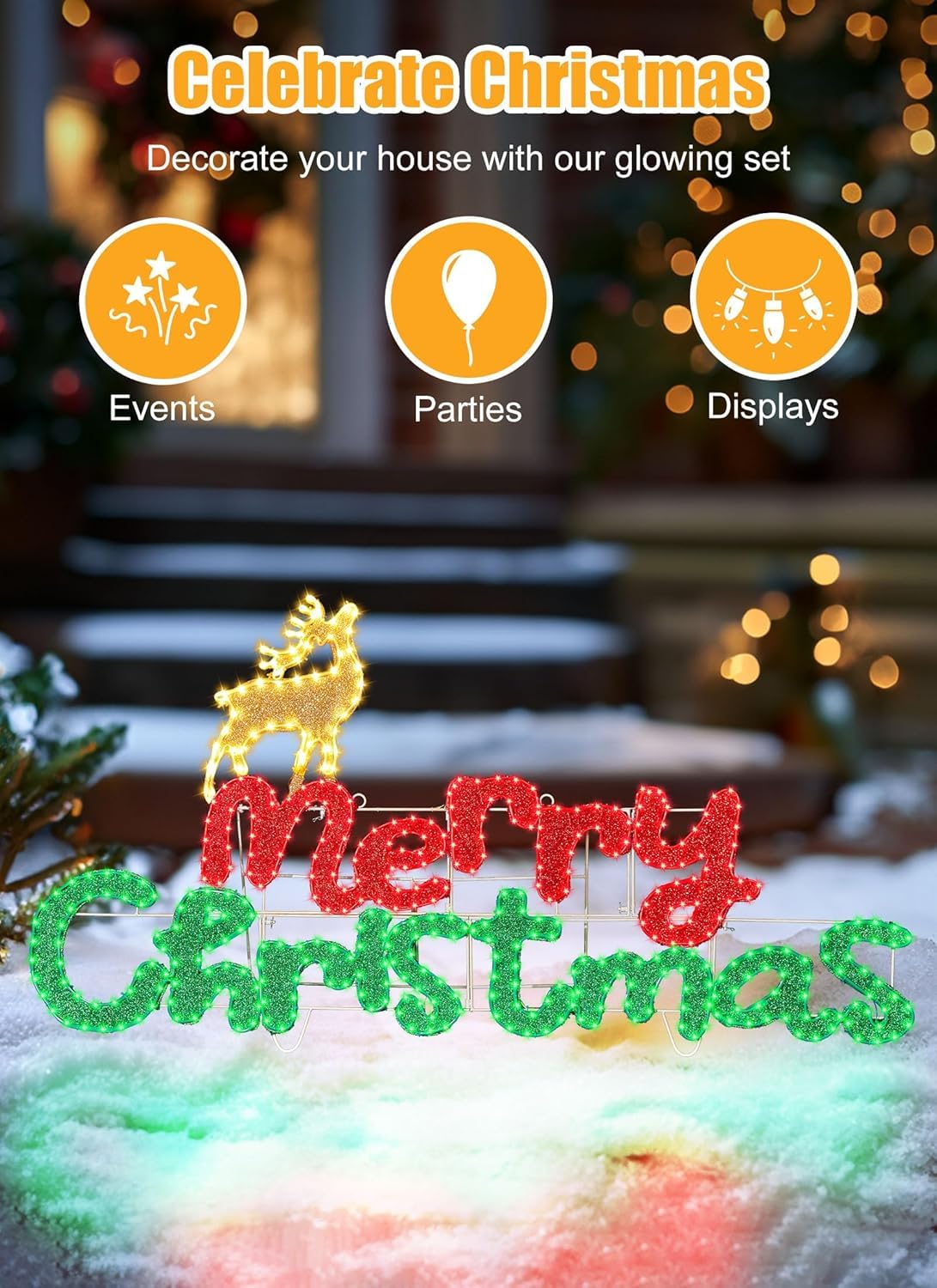 Brightown 4.9FT Merry Christmas Sign Decoration Outdoor, Lighted Merry Christmas Sign with Reindeer, Xmas Neon Lighted Sign for Outside Indoor Front Door Window Wall Hanging Lighted Holiday Displays