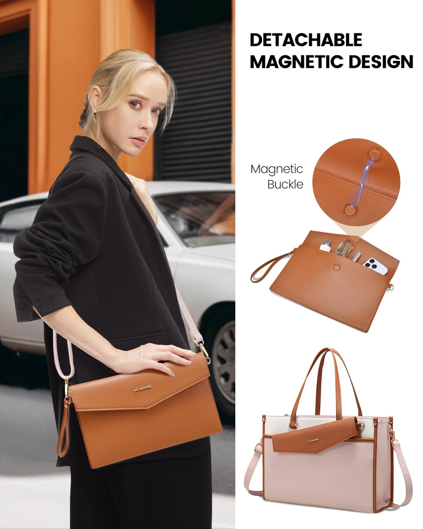 LOVEVOOK Laptop Bag for Women, 15.6'' Laptop Tote Purse 2-in-1 Professional Work Bag Business Briefcase with Clutch Purse, Waterproof Leather Computer Handbag for Teacher Office Travel