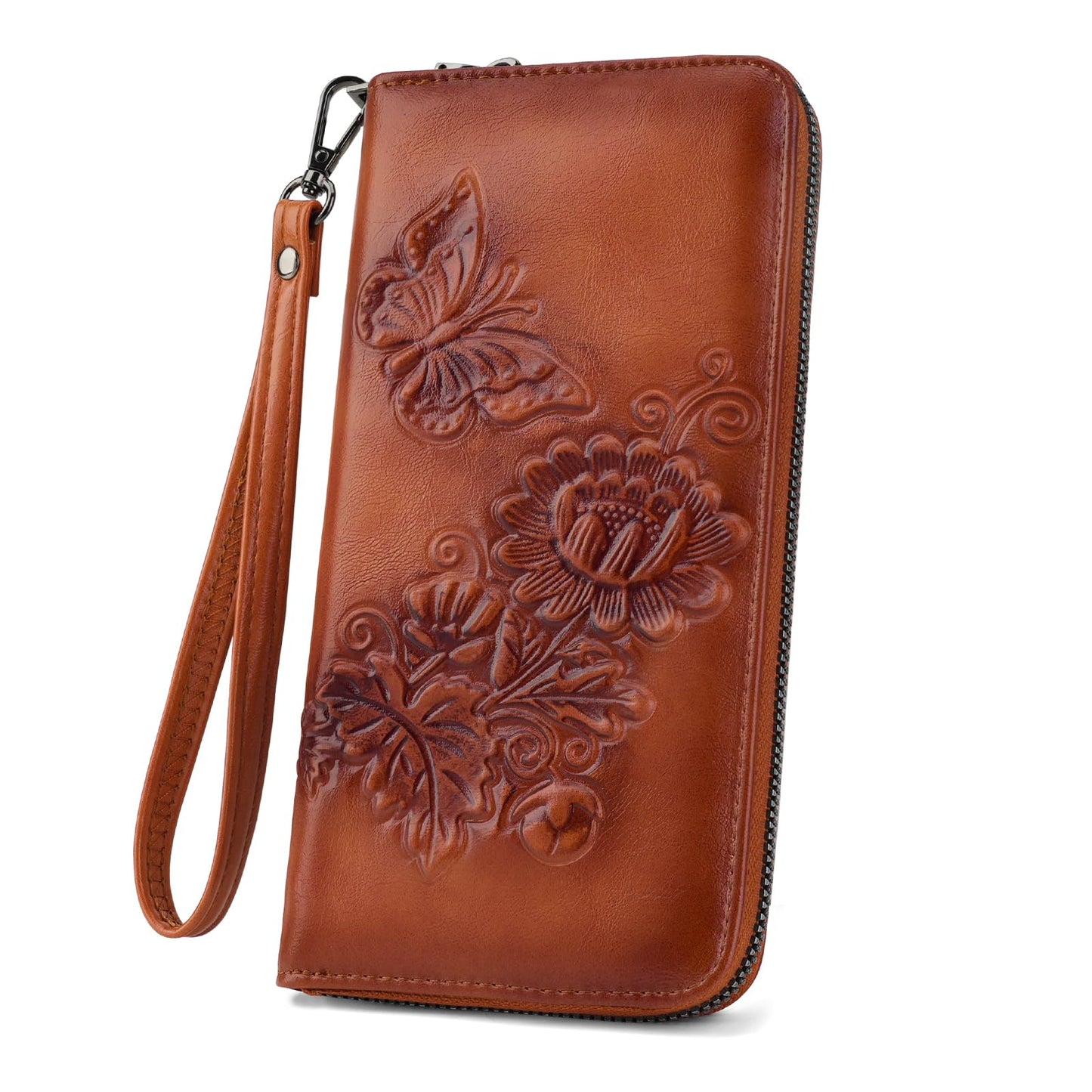 VIMUTI Womens Wallets Rfid Blocking Clutch Long Wallet for Women,Large Capacity Ladies Wallets with Card Slots and Phone Holder Embossed Flower Leather Travel Purse Wristlet Brown