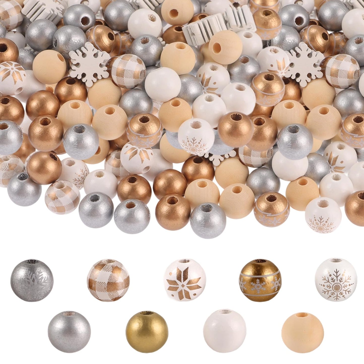210 Pcs Golden Wood Beads Winter Gold Silver White Snowflake Wooden Craft Beads Bulk for Xmas DIY Garland Necklace Bracelet Jewelry Making Home Decor