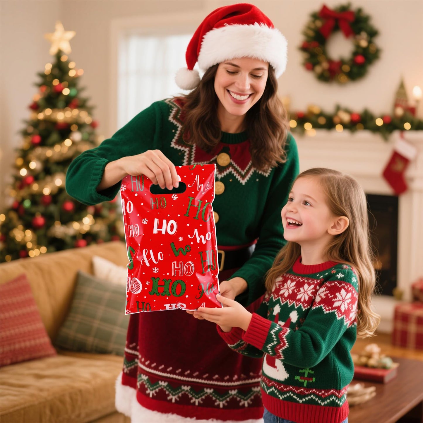 Teenyyou 60 Pcs Christmas Party Gift Bags Plastic Treat Bags with Handles Green Plaid Stripes Snowflakes Red Truck Candy Goodie Handbags for Festive Holiday Winter Theme Favors Supplies