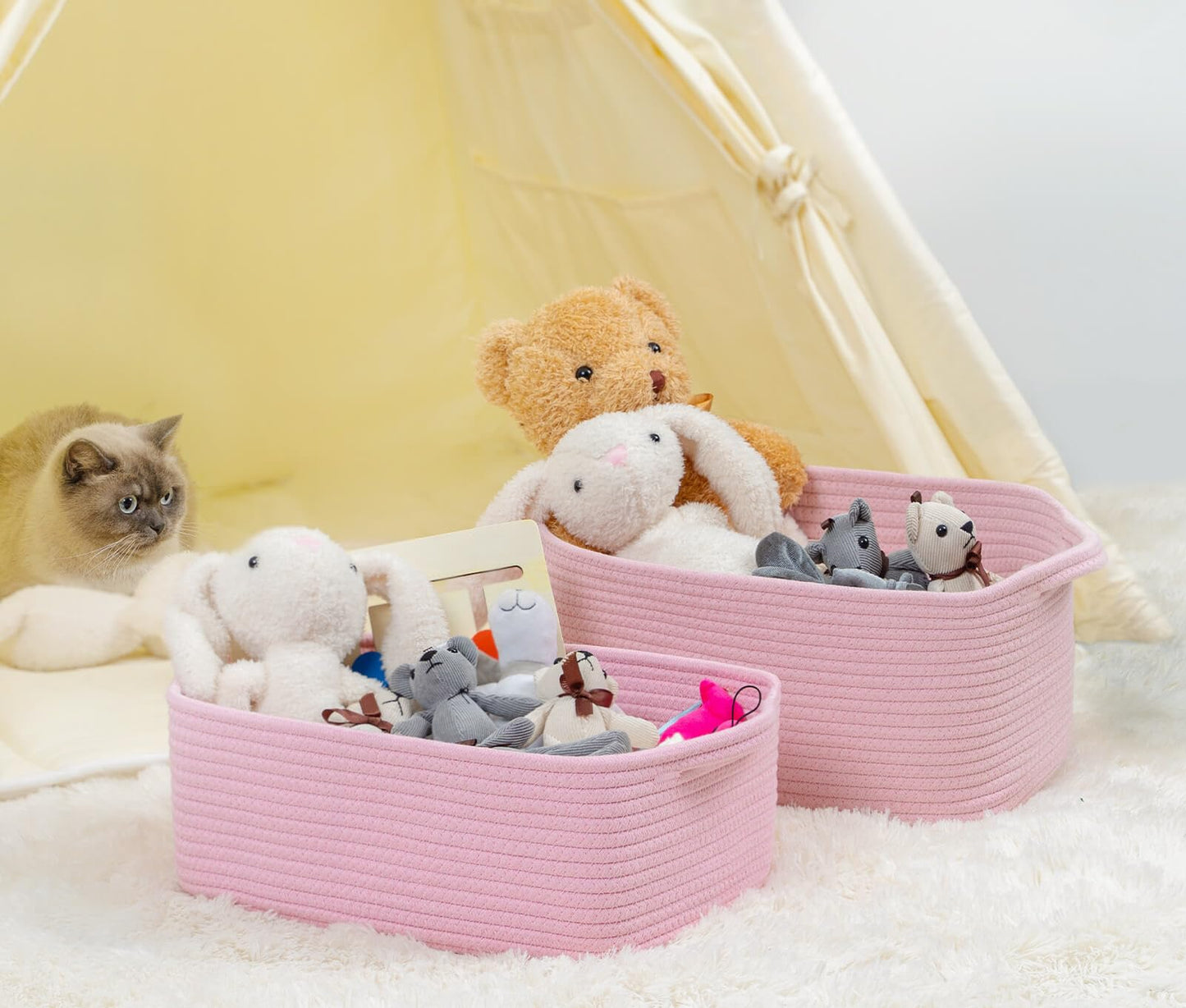 CubesLand Cute and Durable Small Cotton Rope Basket for Organizing, Woven Closet Storage Bin,Shelves Closet Storage Basket, Bathroom Storage Organizer Bin, Nursery Toy Basket Bin, Pink Basket
