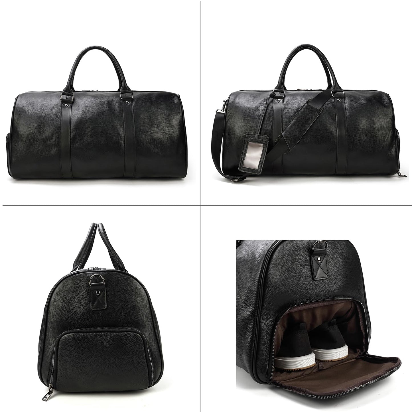 LUUFAN Leather Travel Bag Large Capacity Luggage Duffel Bag with Shoe Compartment, Men Women Weekend Shoulder Handbag for Holiday Business Trip (55cm-Black)