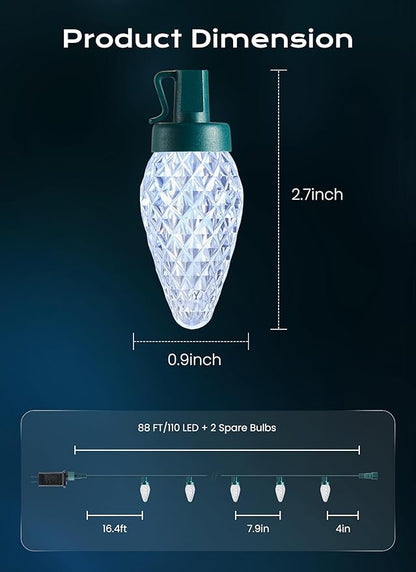 C9 LED Christmas Lights Outdoor, 72 FT 110 LED C9 String Lights, 8 Modes & Timer Connectable Waterproof for Christmas Tree Light Indoor Outdoor Roofline Patio Garden Yard Xmas Decoration, White 2 Pack