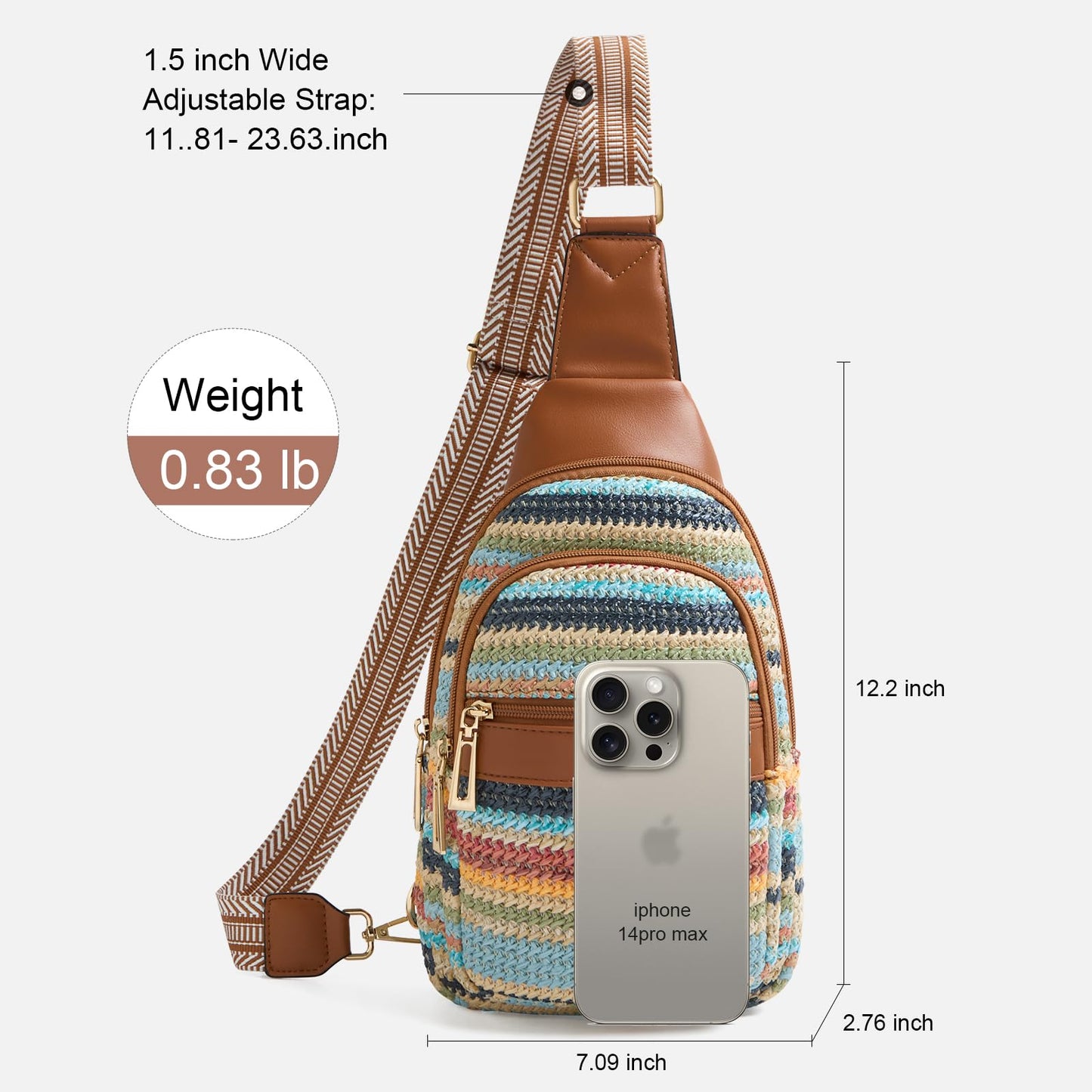cakang 7L Straw Crossbody Bags for Women - Fashion Sling Chest Bag with Rainbow Woven Design, Lightweight Fanny Pack Travel Leather Shoulder Bag (Brown)