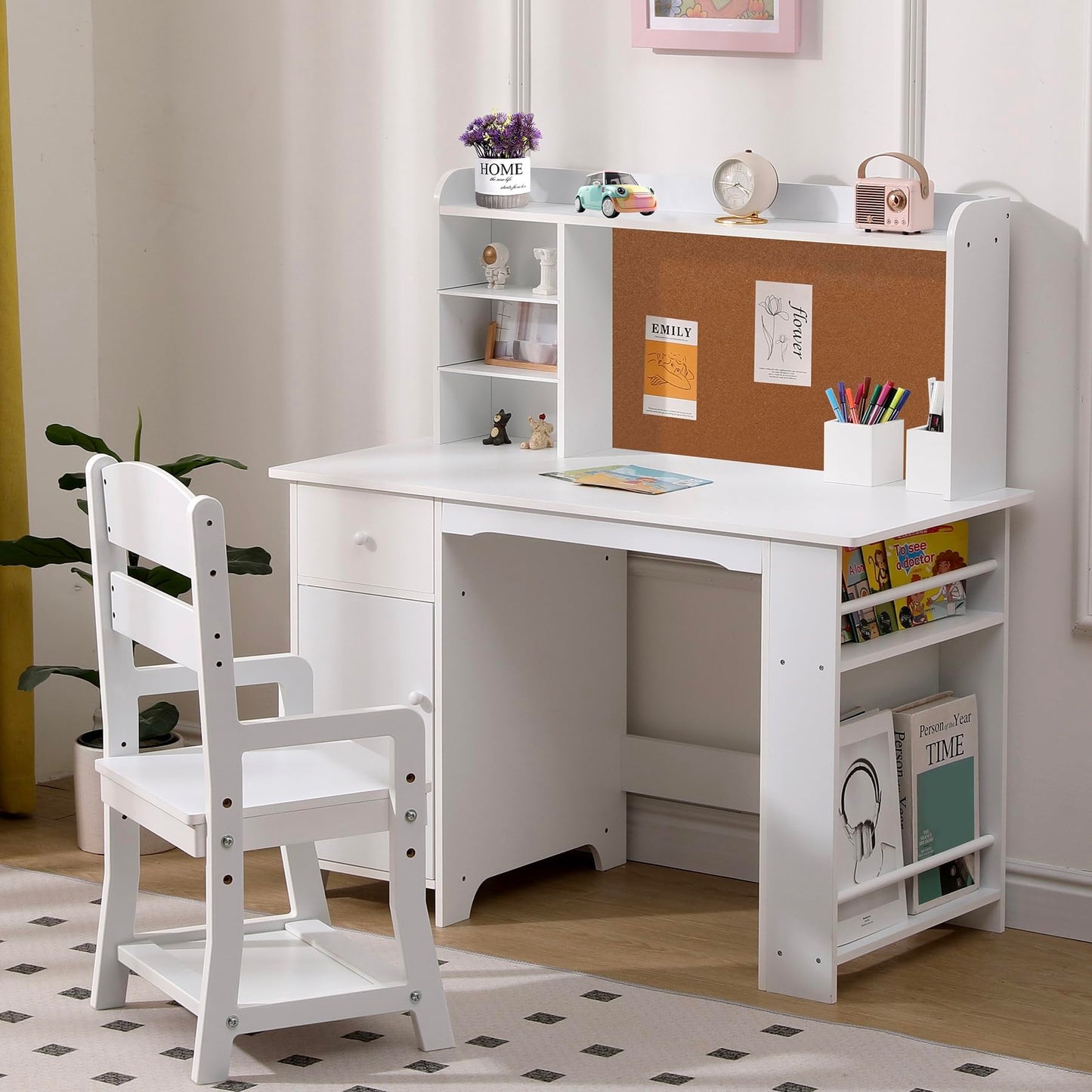 Garvee Kids Desk, Study Desk and Chair Set for Boys and Girl, Wooden Kids Writing Table with Bookshelf, Bulletin Board, Cabinet and Drawer for Ages 3-8, White