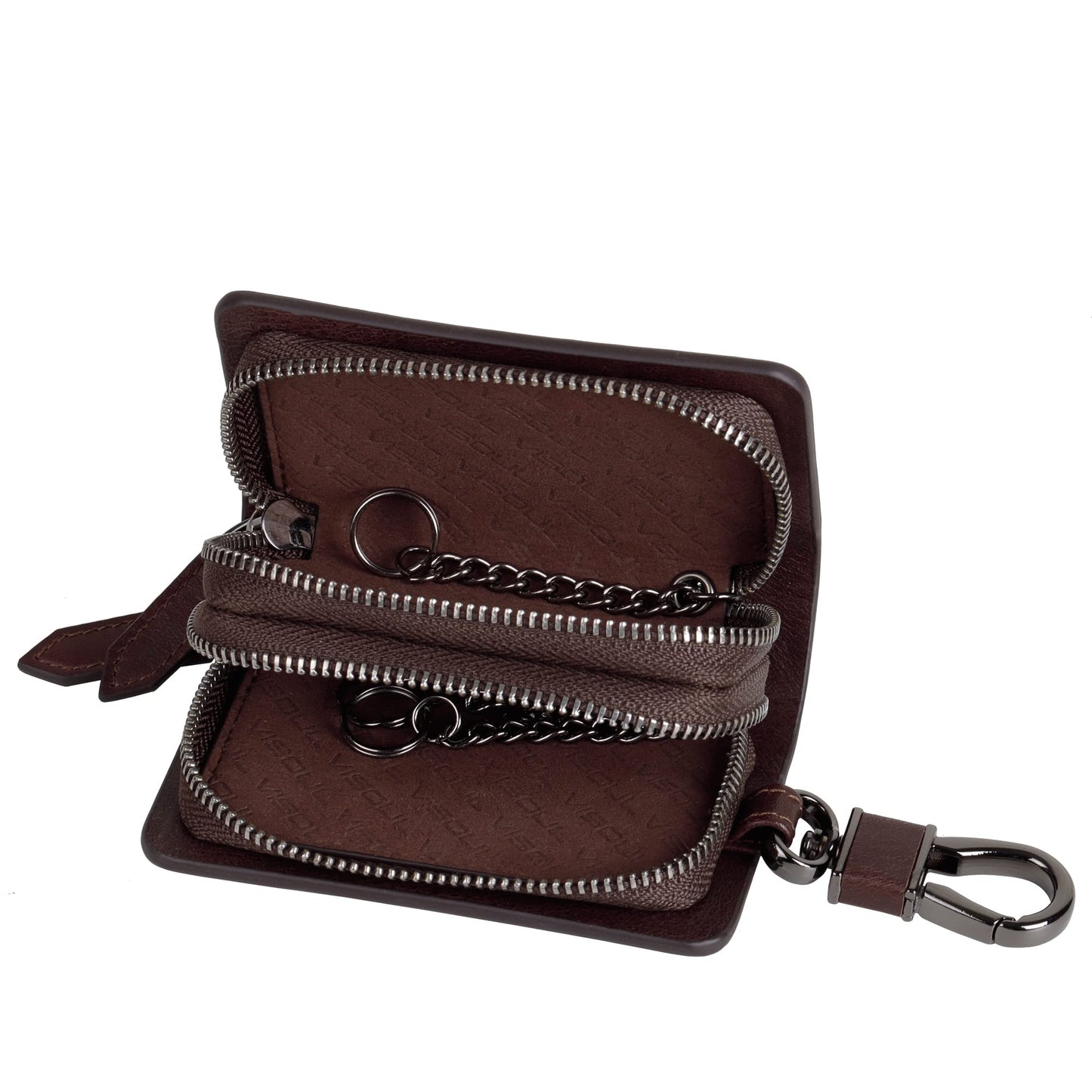 VISOUL Car Key Case Holder Double Zipper, Leather Car Smart Key Fob Case with Keychain for Men and Women-Coffee