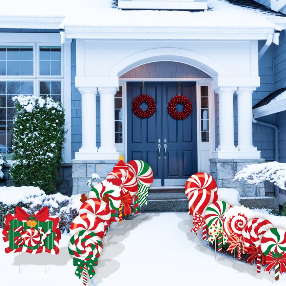 JOICEE Christmas Outdoor Yard Signs Candy Decorations, Peppermint Lollipop Candy Signs with Stakes for Holiday Party Home Lawn Pathway Decorations Supplies