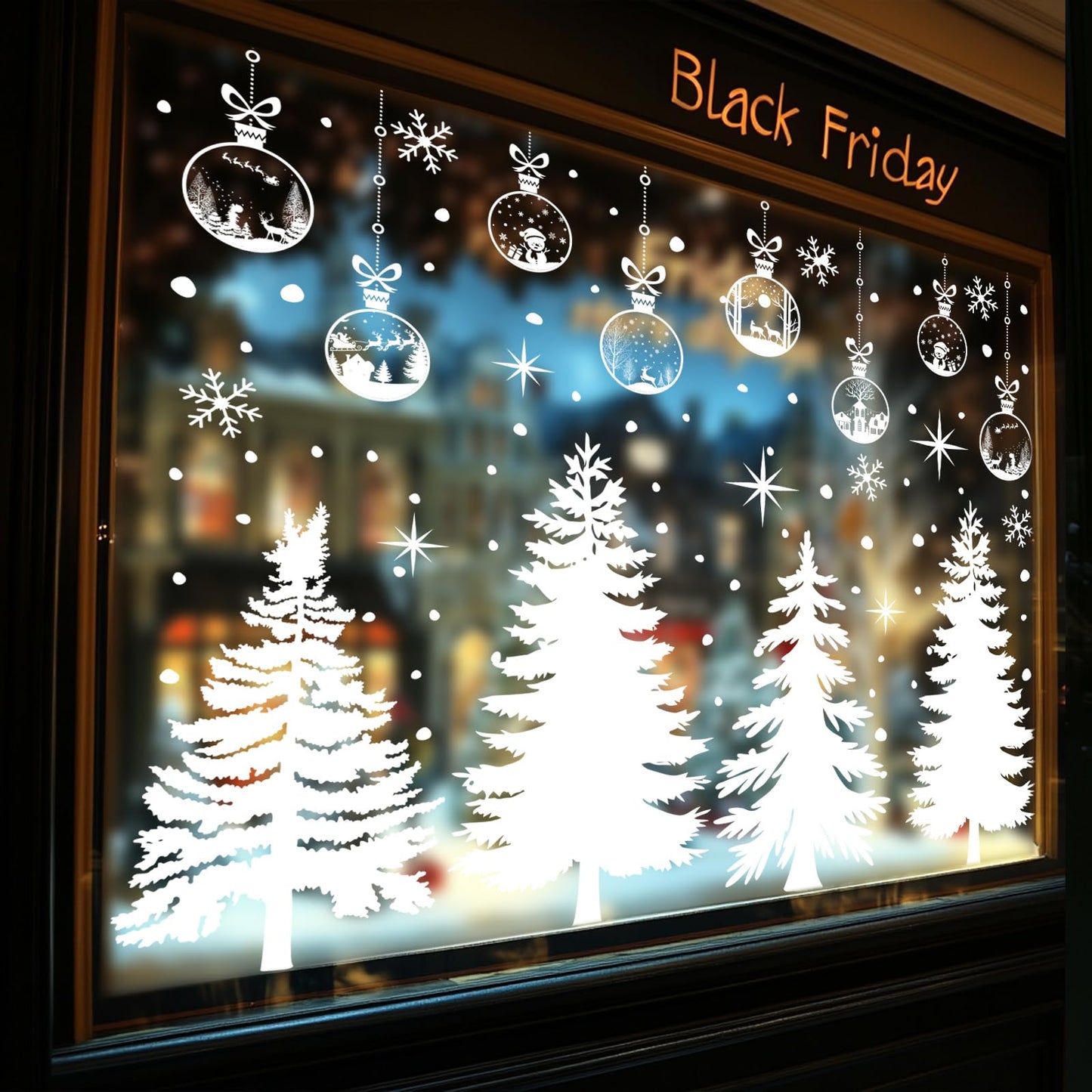 JarThenaAMCS 13.8 * 35.4'' Extra Large Winter Christmas Window Clings 4 Sheets White Xmas Tree Ball Window Stickers Double-Sided Glass Decals for Home Classroom Office Party Decoration
