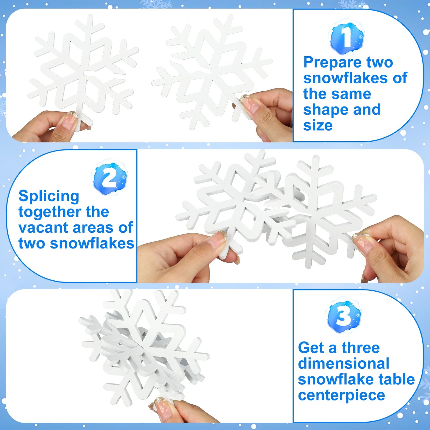 16 Pcs Christmas Wooden Decor Winter 3D Snowflake Tabletop Sign Tiered Tray Decorations White Snowflake Wood Blocks Centerpiece for Xmas Wonderland Party Home Table Decor