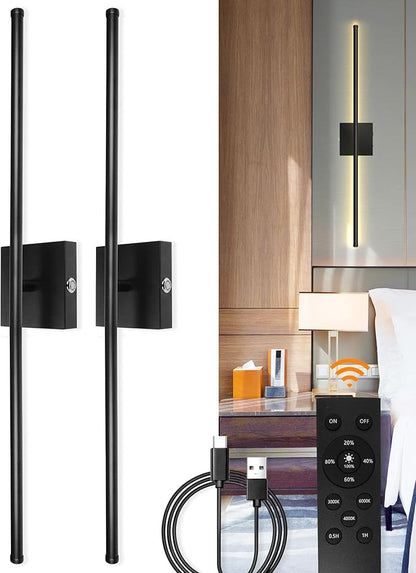 Battery Operated Wall Sconces with Remote Control, Dimmable Wall Sconces Set of Two, 3000K-6500K LED Wireless Picture Lights for Wall, Bedroom, Hallway, Living Room, 350°Rotate, 28.3 Inch(2 Pack)