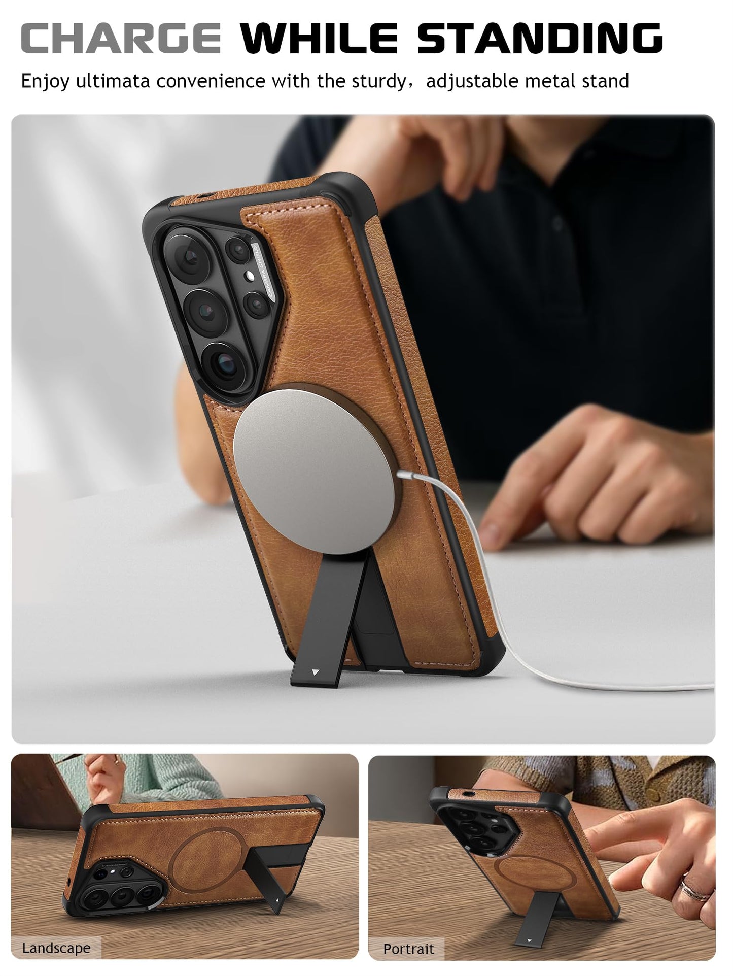 VAUSERDY Strong Magnetic for Samsung Galaxy S26 Ultra Case Leather,[Compatible with MagSafe], Adjustable Kickstand, Shockproof Protective Cover for Samsung S26 Ultra (Brown)