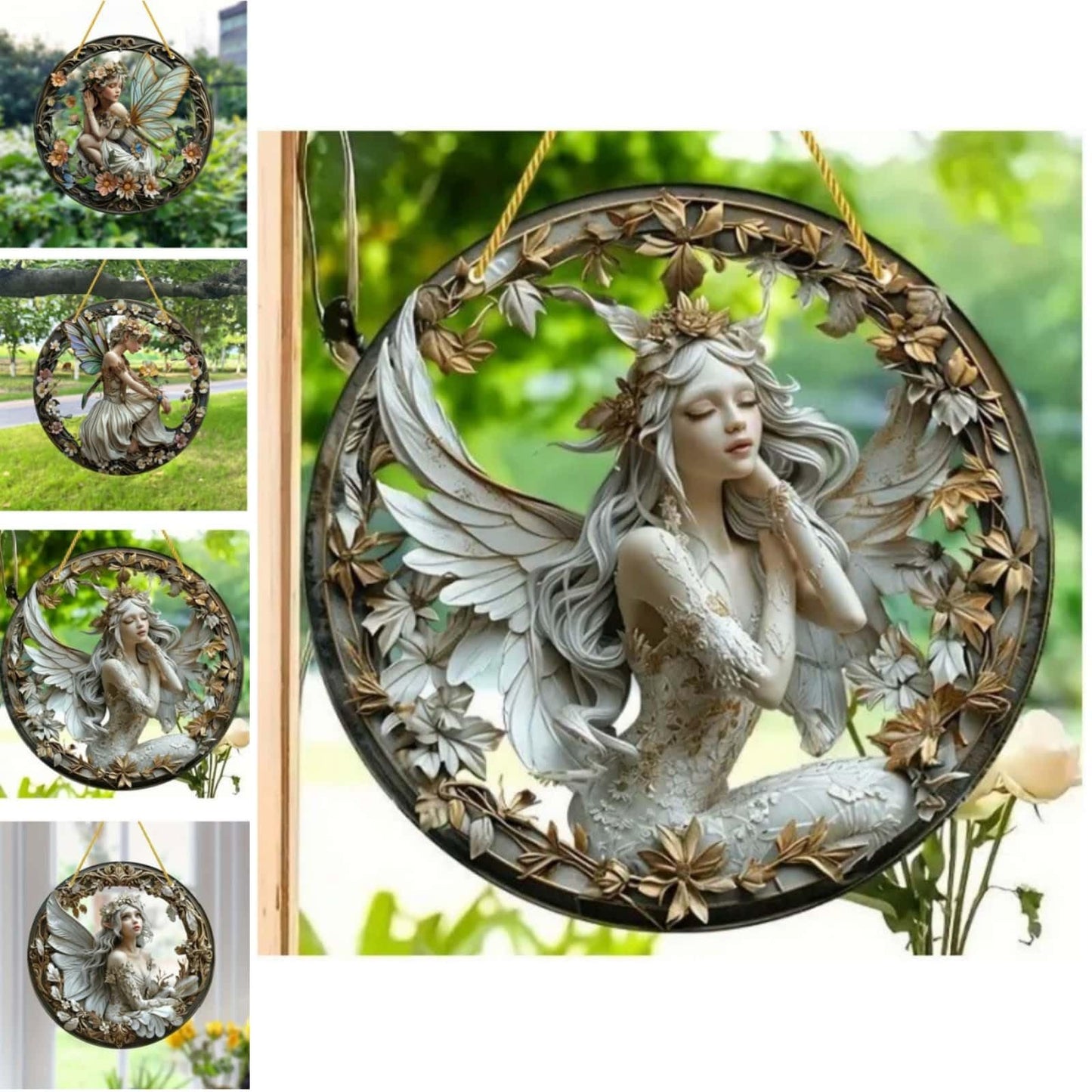 VTYFRY Flower Fairy Garden Decorations Angel Wing Christmas Halloween Deco Statue Art Elf Sculpture Hanging Craft for Outdoor Yard Courtyard Lawn Patio Window Acrylic Ornament Home Gift (C,S: 6*6 IN)