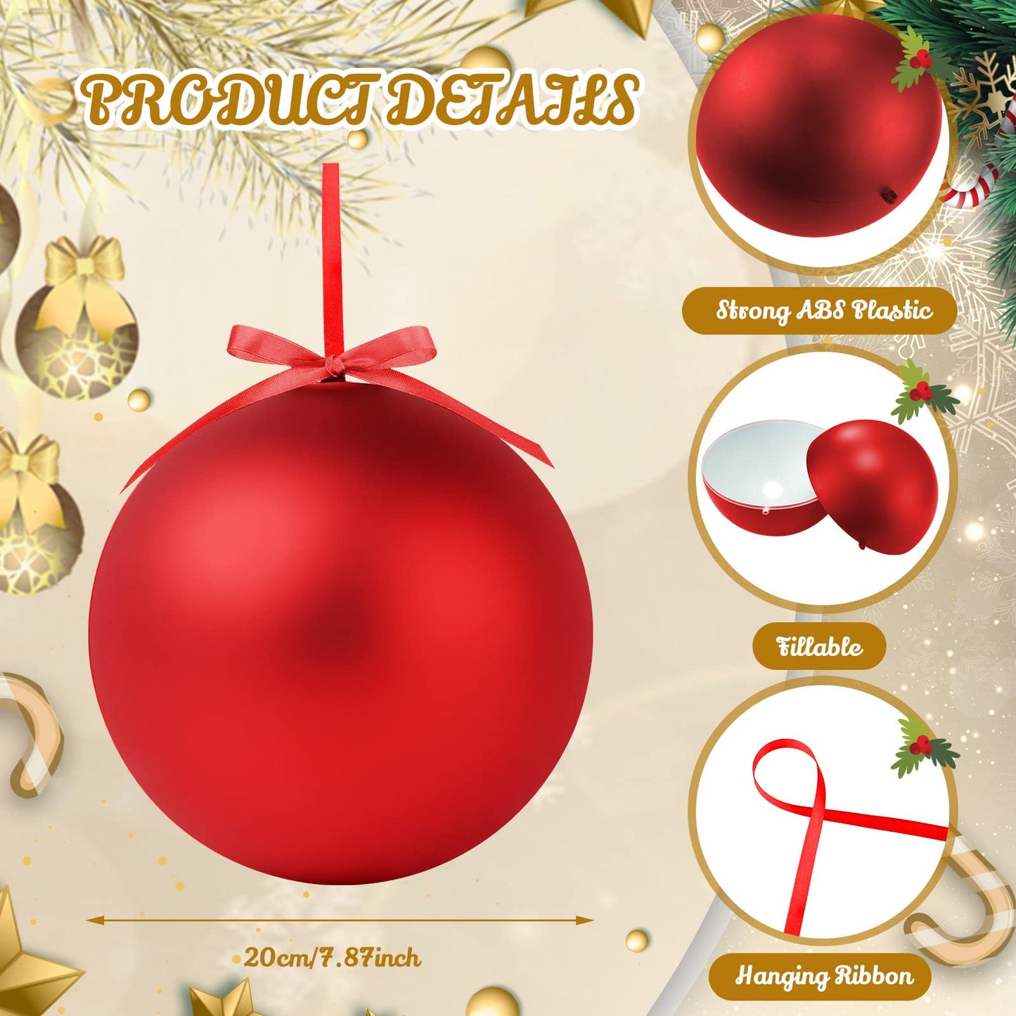 Weysat 2 Pcs 8 Inch Extra Large Fillable Christmas Ball Ornaments Giant Matte Red Plastic Christmas Tree Ornaments Balls with Hanging Ribbons for Outside Lawn Yard Tree Decorations