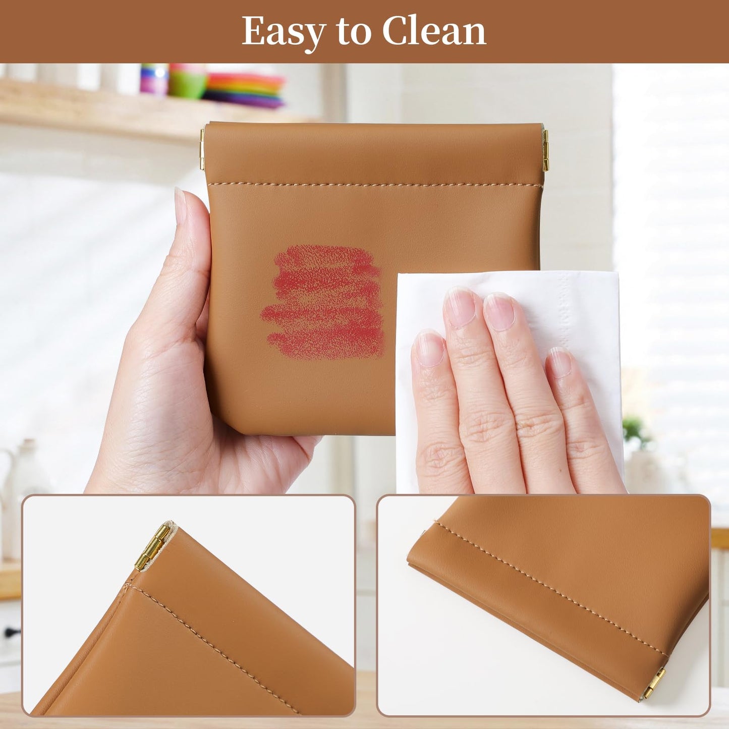 MEIBOOCH 2 Pack Small Makeup Bag for Women, New Organosilicon Super Fiber PU Leather Mini Cosmetic Bag for Travel, Coin Purse Organizer Storage Pouch (Brown)