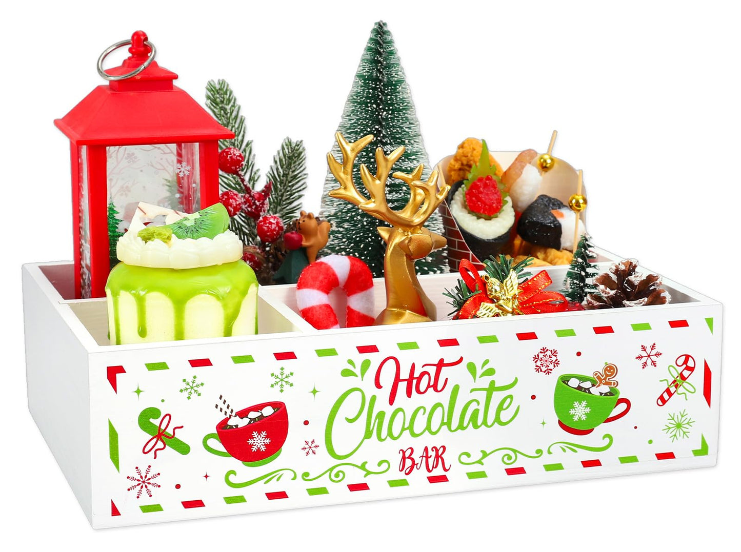 FYSUIMU Christmas Hot Cocoa Wood Storage Box Red-Green Xmas Rustic Wooden Organizer Bins Tabletop with 4 Compartments for Holiday Farmhouse Party Home Office Kitchen Decor