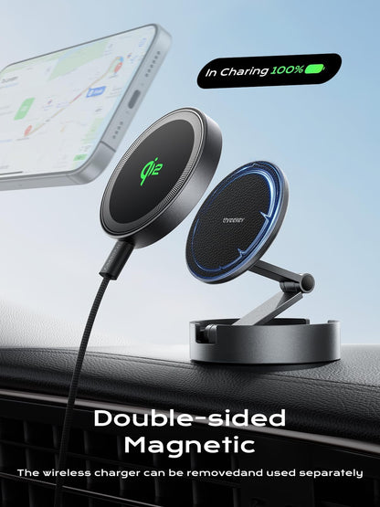 THREEKEY Qi2 Certified MagSafe Car Mount Charger,Car Wireless Charger,15W Magnetic Charger Fast Charging,Retractable Phone Holder with 360°Rotation,Car Mount for iPhone17-12&Galaxy S25 Ultra