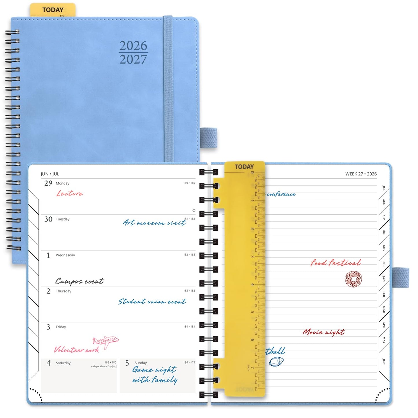 POPRUN Weekly Planner 2026-2027, 6.5" x 8.5", (July 26-June 27) Academic Weekly and Monthly Planner, Calendar Notebook 2026-2027 Agenda for School, College, Spiral Leather Softcover - Cerulean Blue