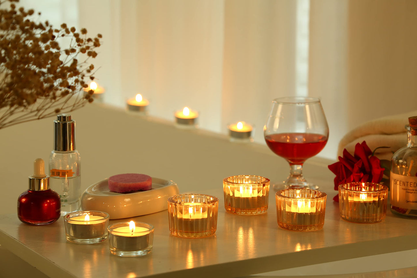 GOLDEAL Gold Round Tealight Candle Holders,Set of 24 Thick Glass Tea Light Candle Holder Decor,Candlestick for Wedding Decor,Party,Baby Shower Party,Bridal Shower Party,Table Centerpiece, Home Décor