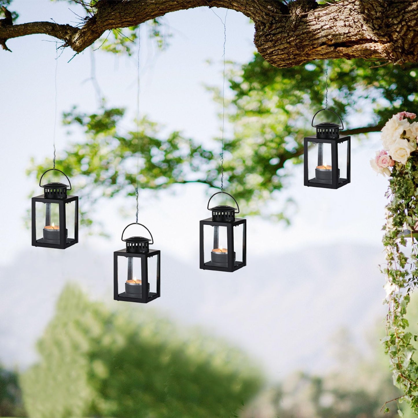 Small Candle Lanterns Decorative Outdoor: 4 Pcs Black Hanging Tea Lights Candle Holder for Table Centerpiece Fireplace Wedding Christmas 3.9" Glass Farmhouse Decor