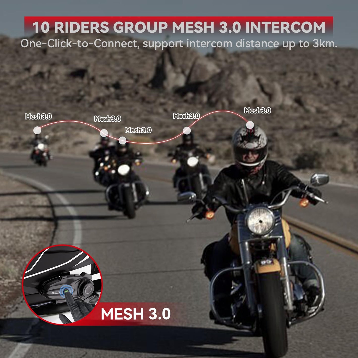 X10 10 Riders Group Mesh Motorcycle Intercom, 3000m Motorcycle Bluetooth Headset V5.3 with Audio Multitasking/Music Sharing, Helmet Communication Systems for ATV/Snowmobile/Ski, 2 Pack