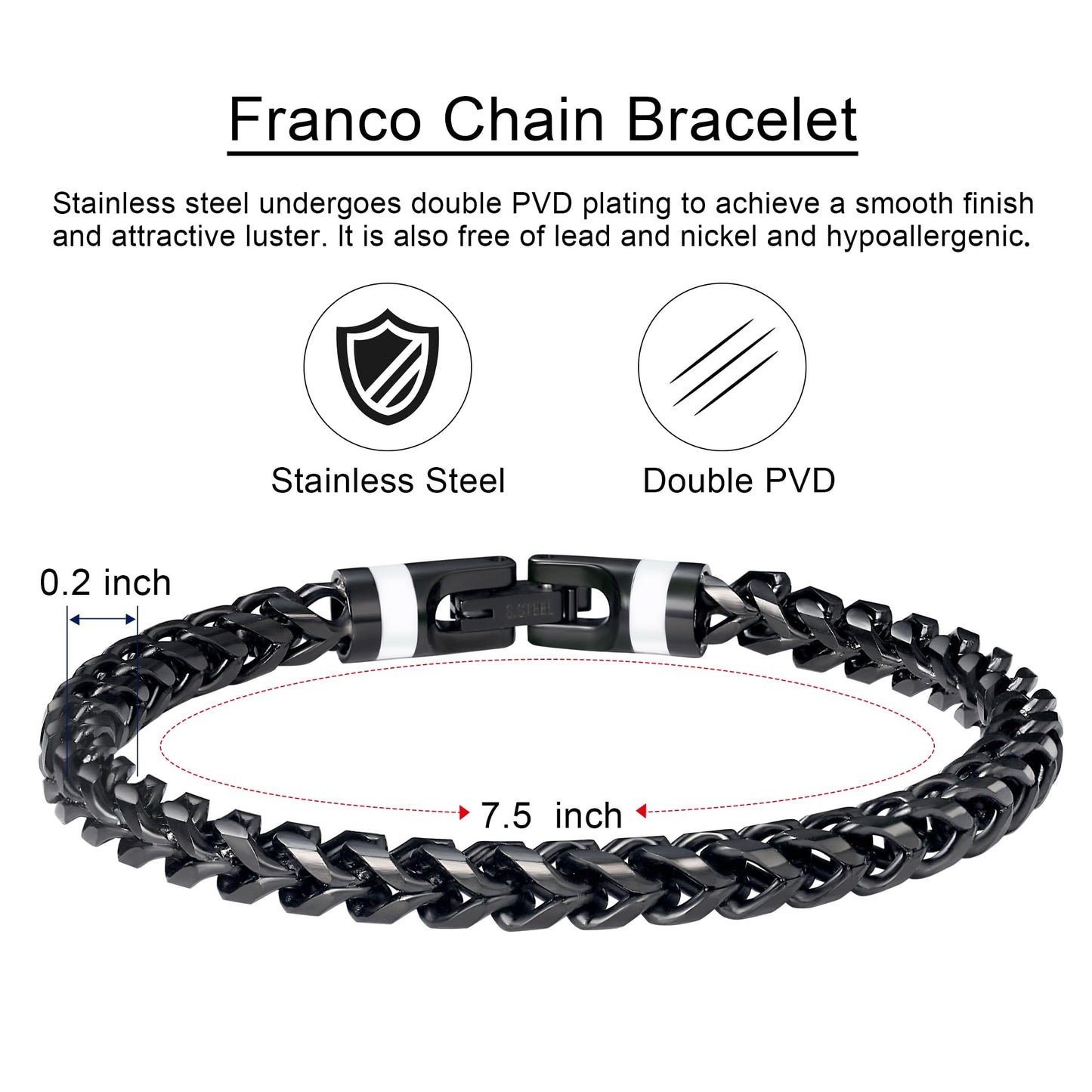 GTMJ 316L Stainless Steel Black Franco Chain Bracelet for men 7.5 Inches