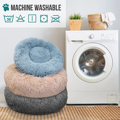PetAmi Calming Dog Bed for Small Medium Dog Cat, Round Donut Washable, Fluffy Faux Fur Plush Cuddler Pet Kitten Cushion, Anti-Slip, Fits up to 25 lbs, 23 inch, Dusty Blue