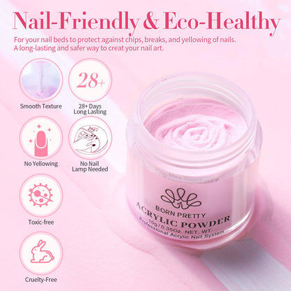 BORN PRETTY Acrylic Nail Kit - Acrylic Powder (Clear, White, Pink) & Liquid Set with Nail Forms, Brush Pen, File & Glass Container - Beginner Friendly