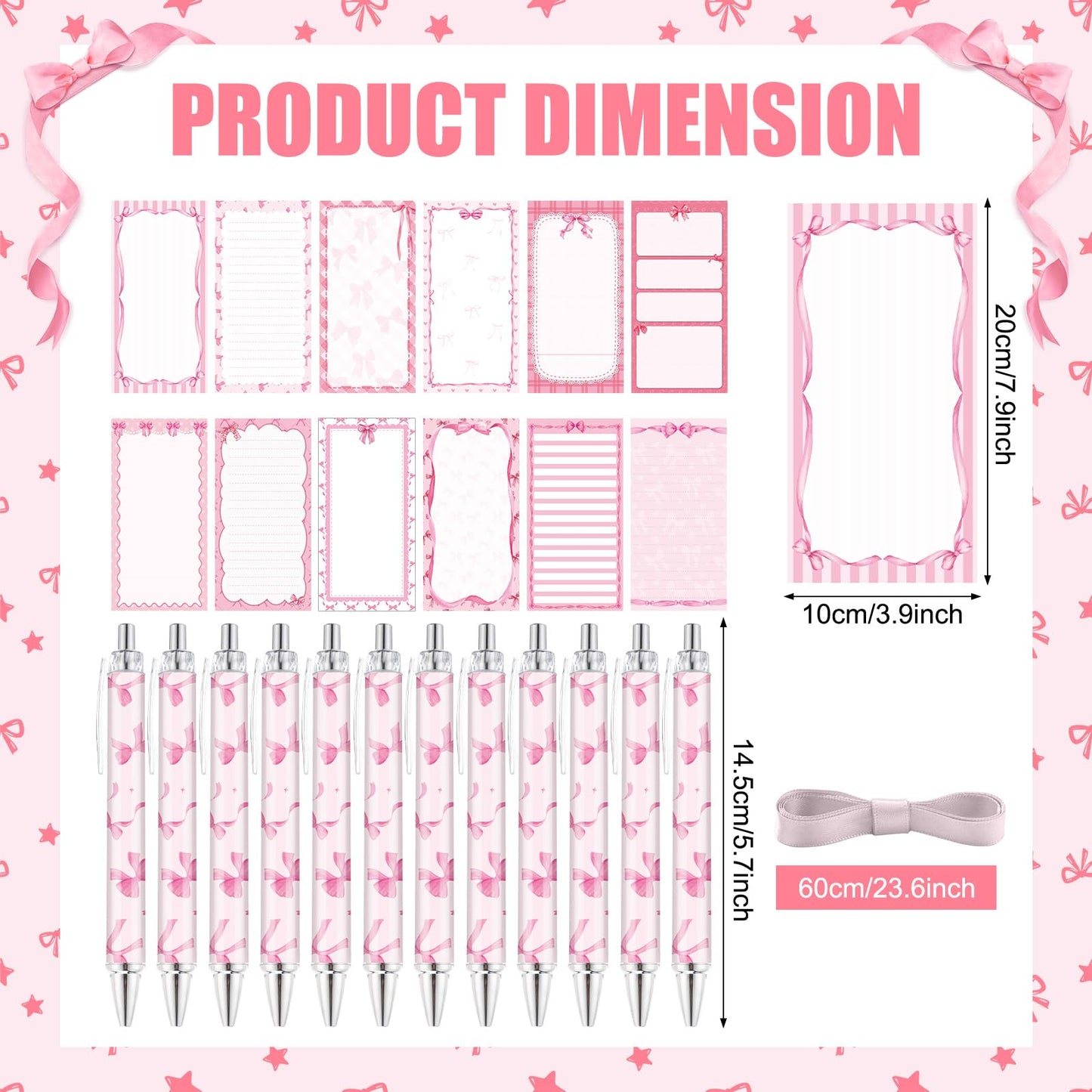Tellingyou 30 Pcs Pink Bow Sticky Notes with Pens, Cute Memo Pads with Ribbons, 3.9x7.8 Inch to Do List Notepad Set, Bulk Pink Stationery Gifts for Women Coworker Office Supplies Bridal Shower Favors