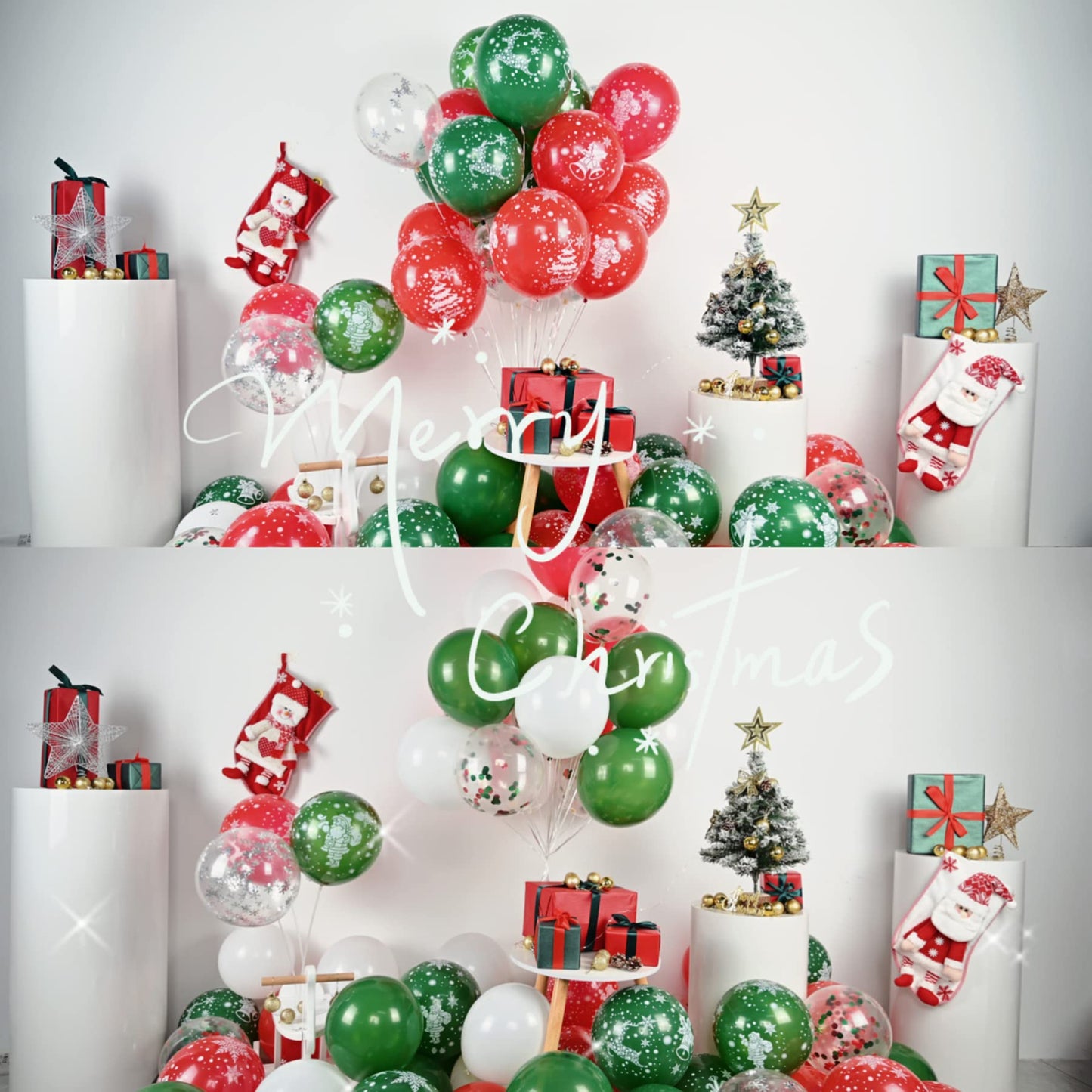 50pcs Red Green Latex Balloons with Christmas Bell Elk Tree Printing Snowflake Confetti for Christmas Party Decorations New Year Holiday Xmas Supplies