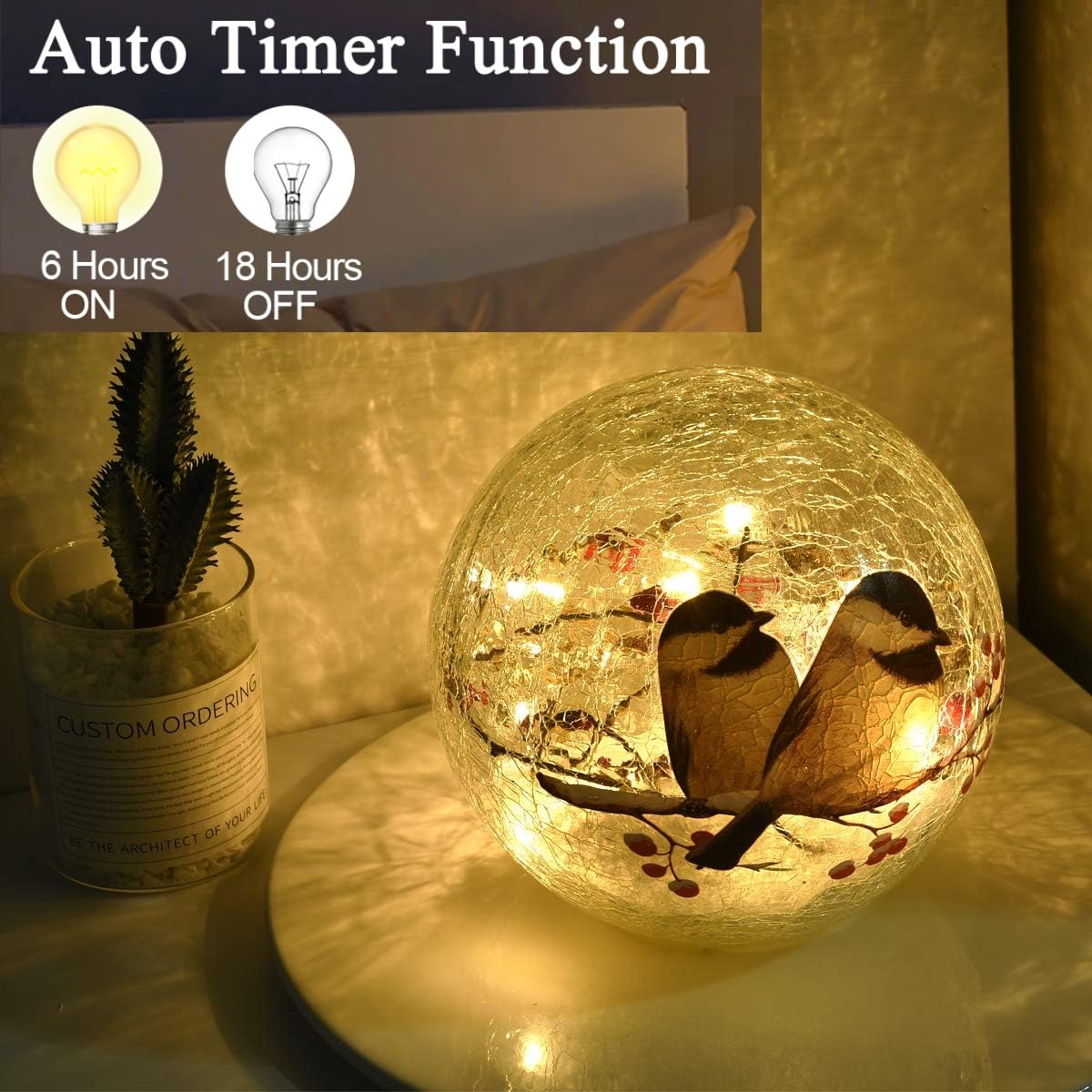 Glass Ball LED Night Lamp with Timer (6 Hour On/18 Hour Off), Showcasing 2 Birds on a Tree - 5.9 inch Battery Powered Lights Globe lamp Christmas Lights for Festive Decor and Girls Gift