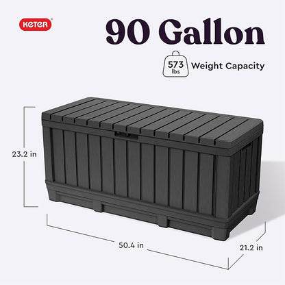 Keter Kentwood 92 Gallon Resin Deck Box-Organization and Storage for Patio Furniture Outdoor Cushions, Throw Pillows, Garden Tools and Pool Floats, Dark Grey