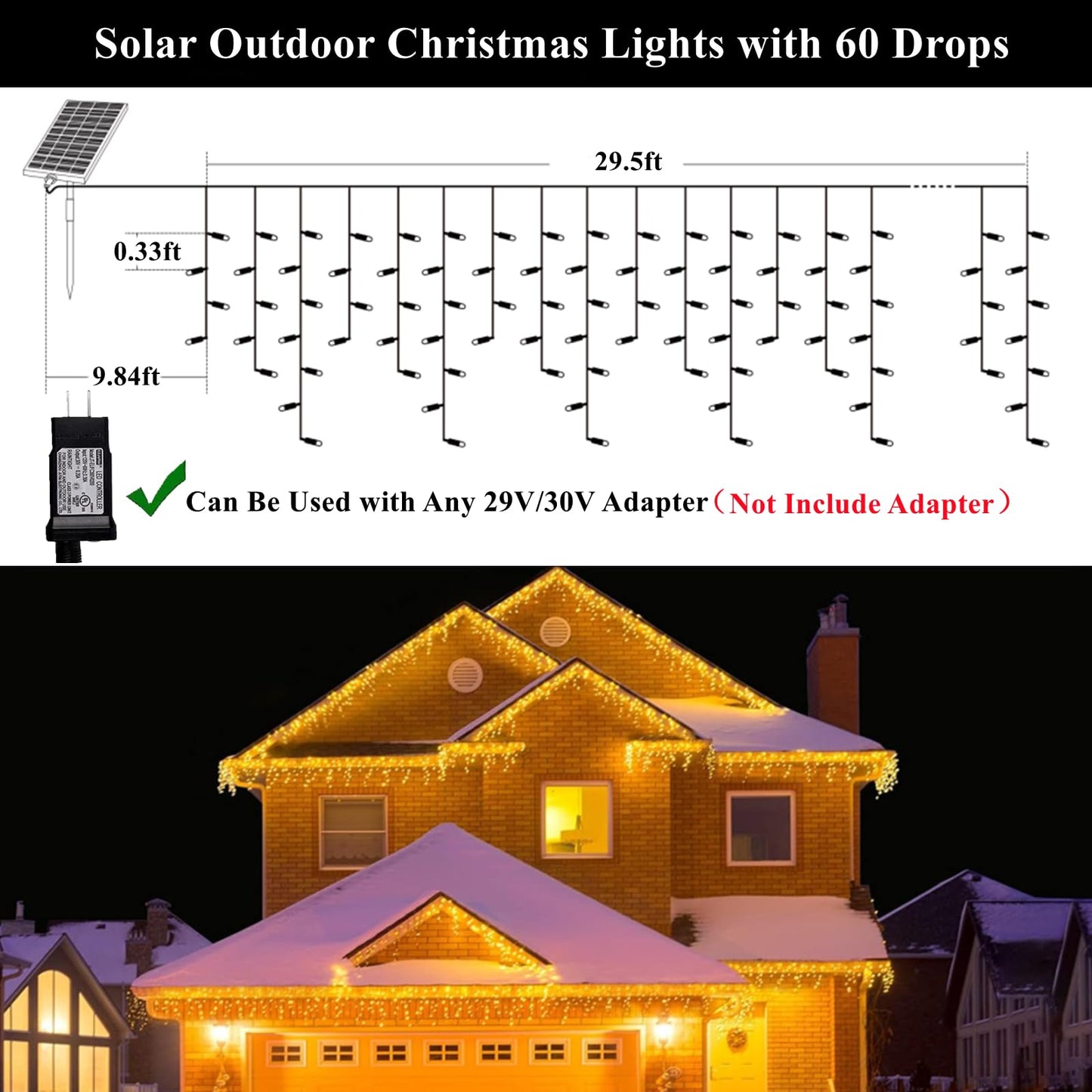 Solar Christmas Lights Outdoor Waterproof Christmas Decorations Curtain Lights 320LED 29.5ft 60 Drops, Solar Powered Rechargeable Fairy Lights for Party, Wedding, Home Decorations(WarmWhite)