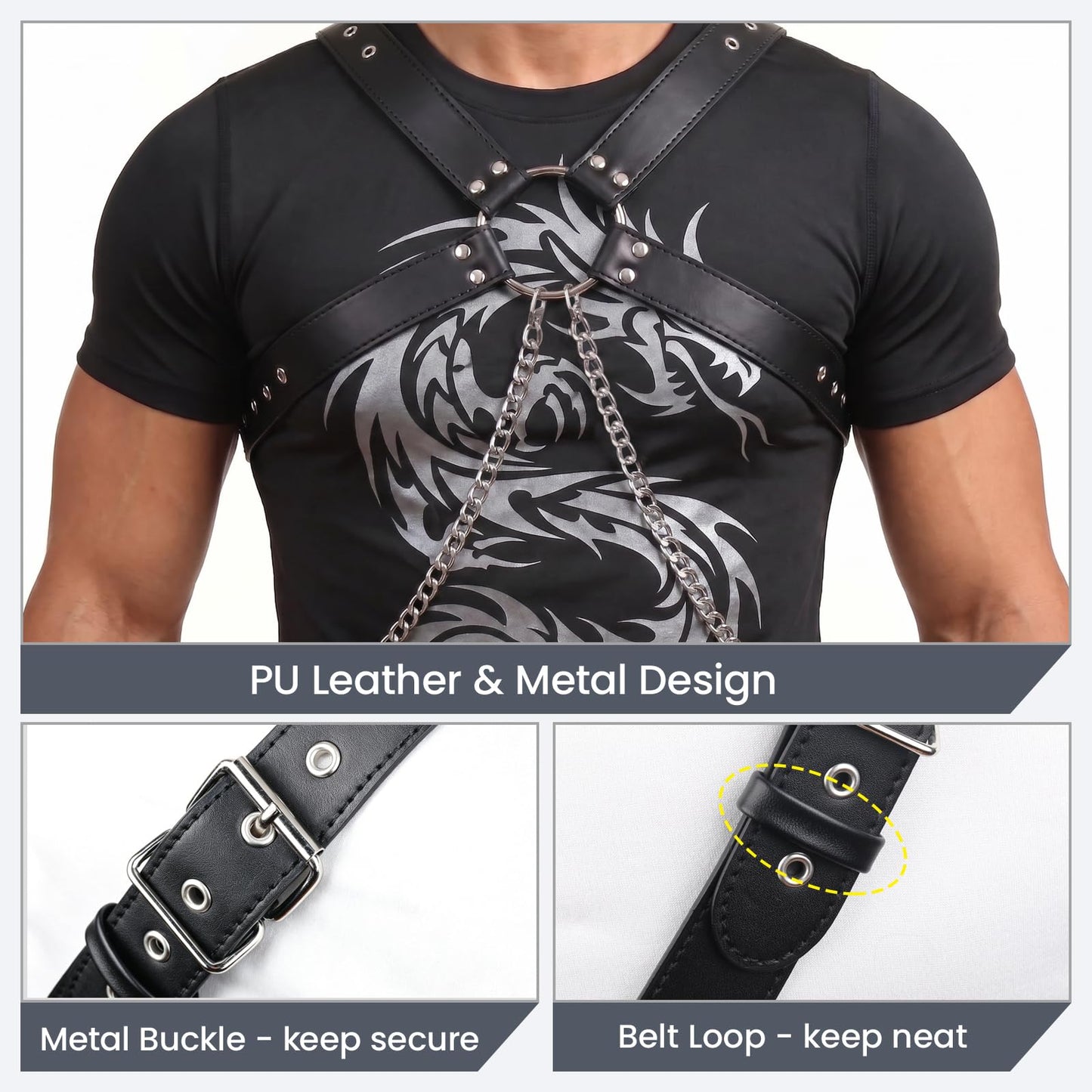 Brycarely Mens PU Leather Chest Harness Chains Costume Cosplay Top, Adjustable Body Harness Shoulder Straps Male Punk Fashion Steatement Rave Outfit for Music Festival Party Halloween Cosplay D167