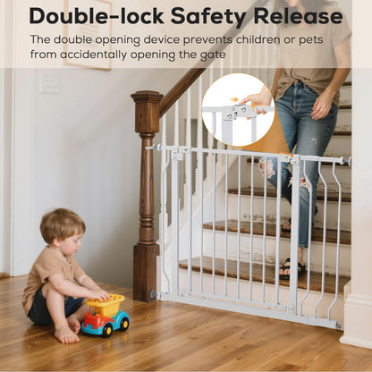 MUTAK 29-43" Baby Gate for Stairs, Baby Safety Essentials, Auto Close Gate for Doorways, Easy Install Pressure Mounted Dog Gate Indoor, Pet Gates for Dogs, White