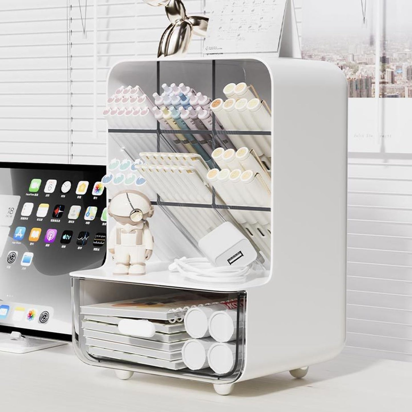 Pen Organizer for Desk, Desk Organizer with Drawer, Multi-Functional Pencil Holder with 6 Compartments and 1 Drawer Organization Storage Accessories for Office Home School Workspace (White)
