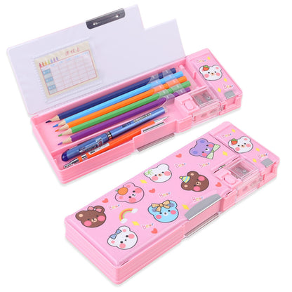 LilyBeauty Pop Up Multifunction Pencil Case for Girls and Boys, Cute Cartoon Pen Box Organizer Stationery with Sharpener, Schedule, School Supplies, Best Birthday Gifts for Kids【Pink-Bear】