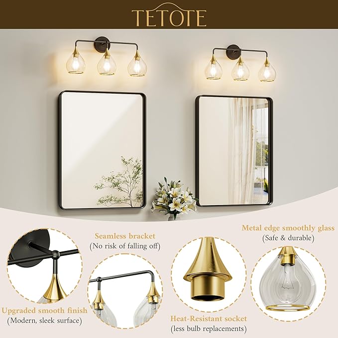 TETOTE 3-Light Modern Bathroom Light Fixtures, 3 Light Vanity Lights Over Mirror Black & Gold Wall Lamp with Clear Glass for Bathroom, Mirror, Living Room, Bedroom, Hallway