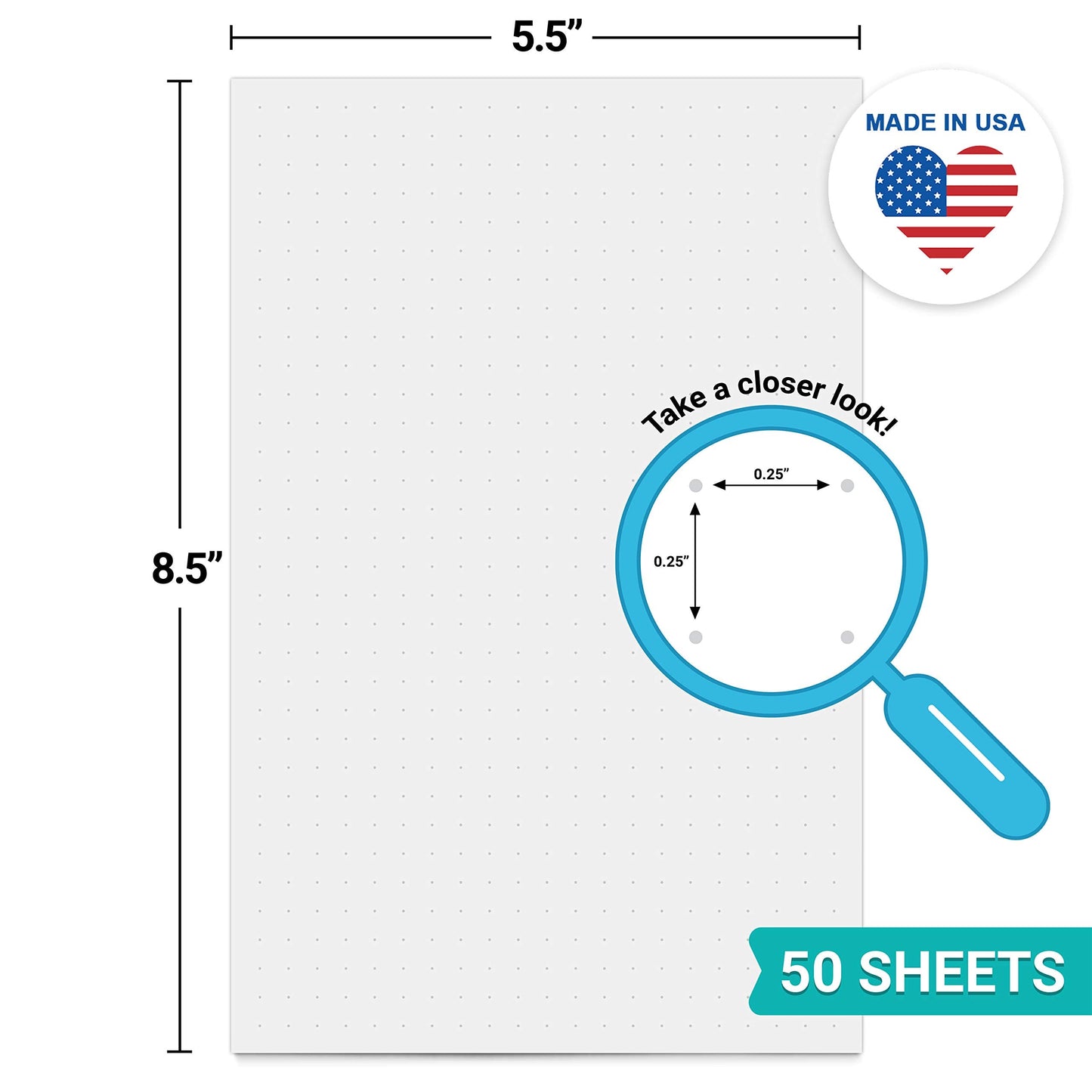 321Done Dot Grid Notepad – Dotted Graph Paper, Small (5.5x8.5) – Made in USA – 50 Sheets Dotted for Bullet Planning Journaling Thick Paper 1/4 (0.25) Dots Notes Sketching Writing Smooth White