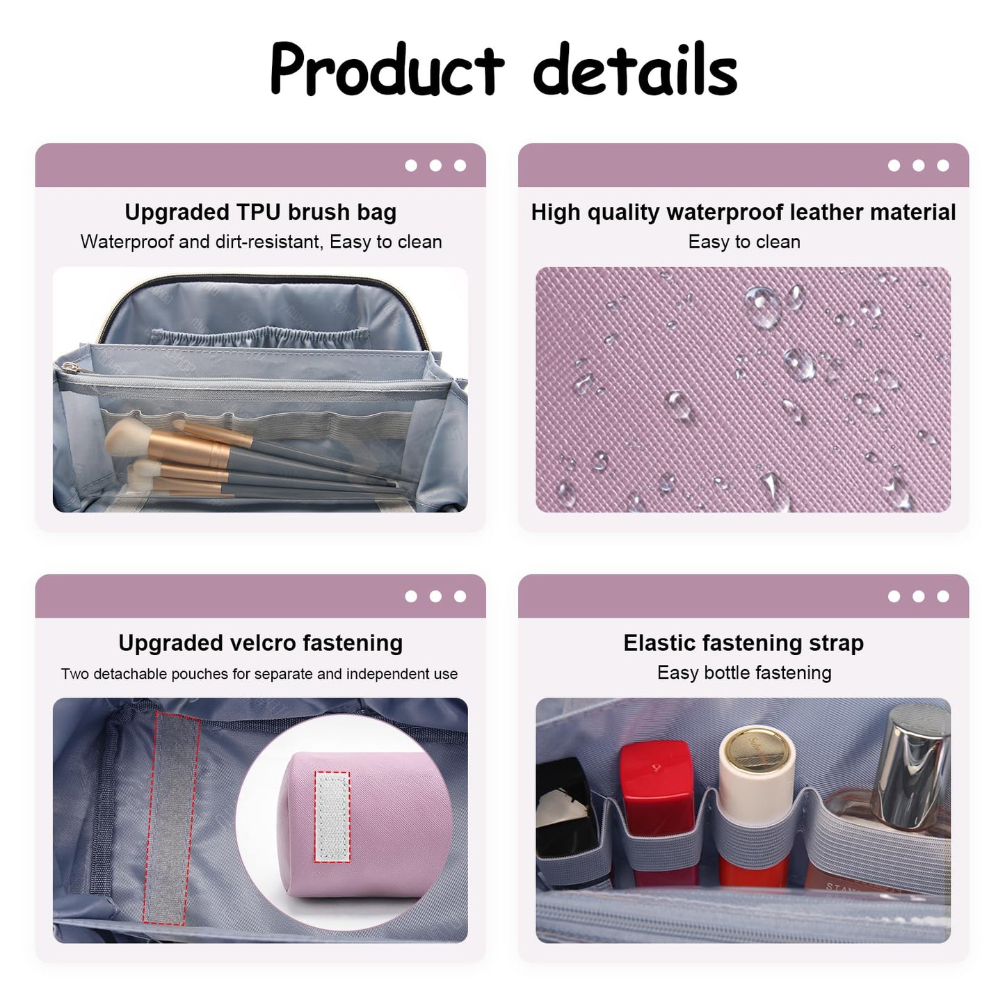 BOYATU Travel Makeup Bag Organizer Cosmetic Bag: 3 Pcs Set Make up Bags for Women with Handle - Waterproof Vegan Leather Toiletry Bags Travel Essentials Pouch with Compartments (C-06-Purple)