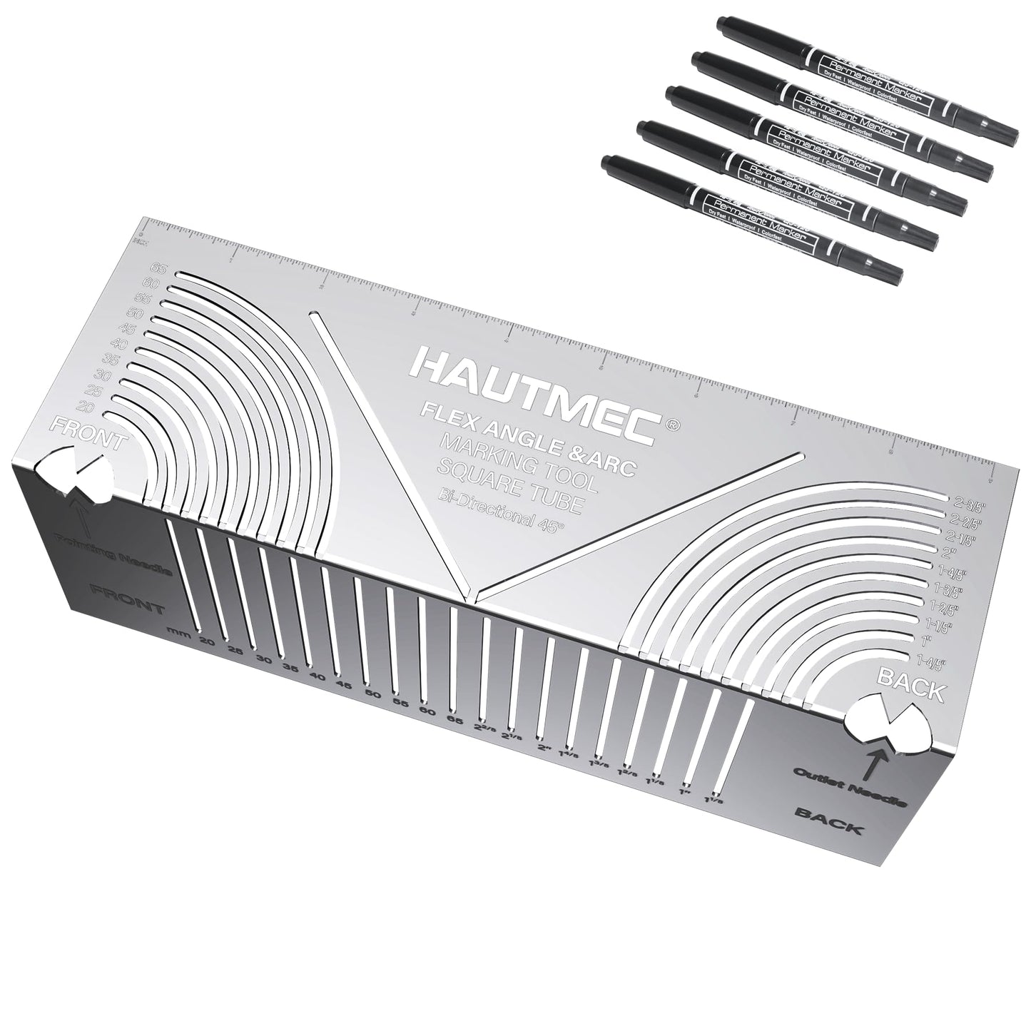 HAUTMEC Flex Angle & Arc Marking Tool, Multi-functional Square Tube Scriber for Square Tube, Right Angle Ruler with 5 PCS Marking Pen (Small Size 20-65) - HT0457