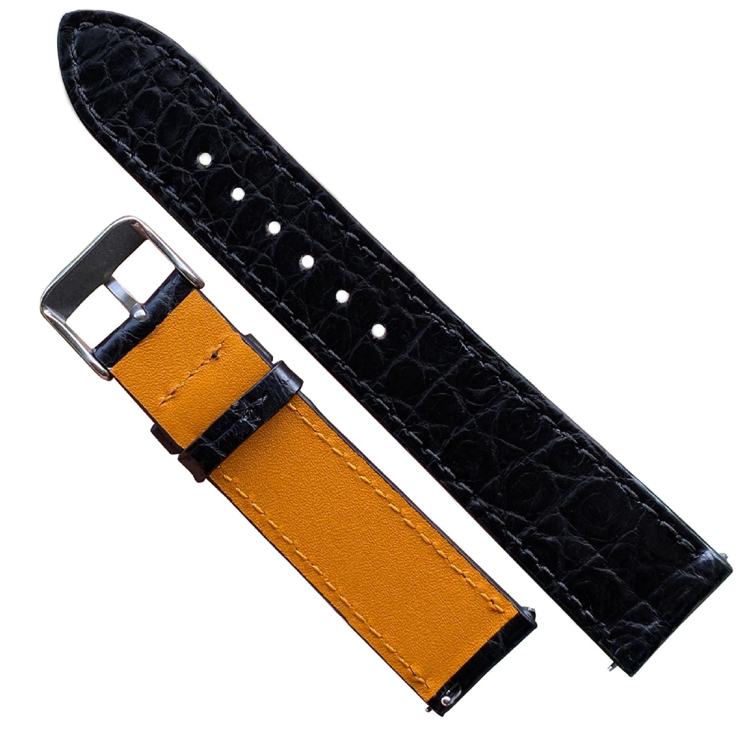 vinacreations 19mm Black Flat Alligator Belly Leather Watch Band Men Quick Release Slim Crocodile Exotic Replacement Wristwatch Strap Premium Handmade DH-21-19MM